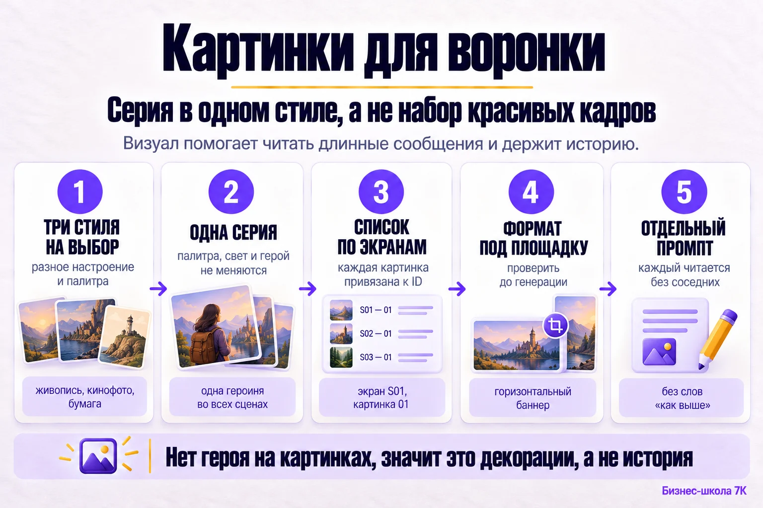 Картинки для воронки: три стиля на выбор, одна серия, список по экранам, формат под площадку, отдельный промпт